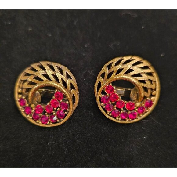 Jewelry - Vintage Mid-Century Gold-Tone Clip-On Earrings Red Rhinestones Circular Design
